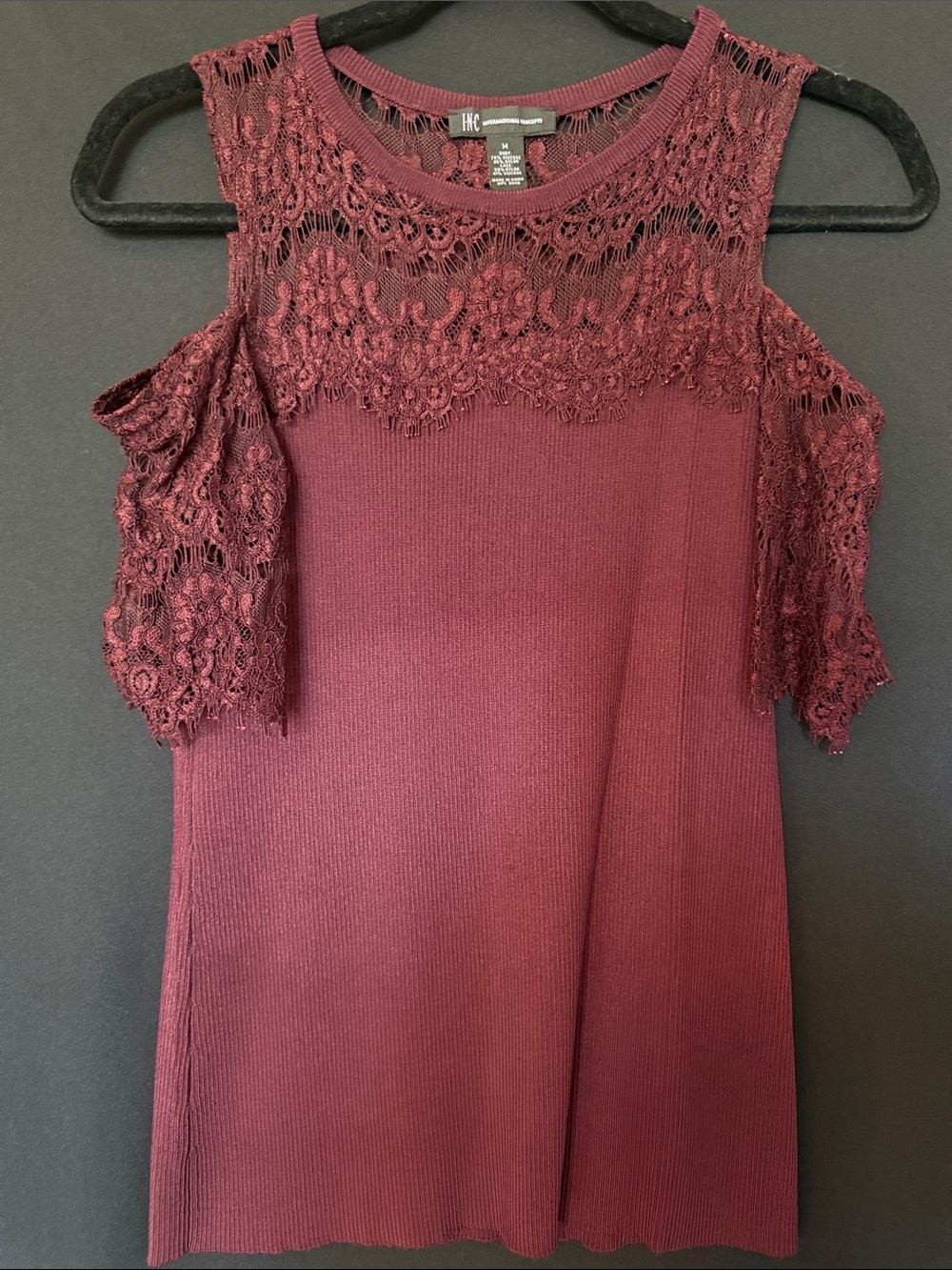 INC International Concepts Burgundy Lace Cold-Shoulder Knit Top